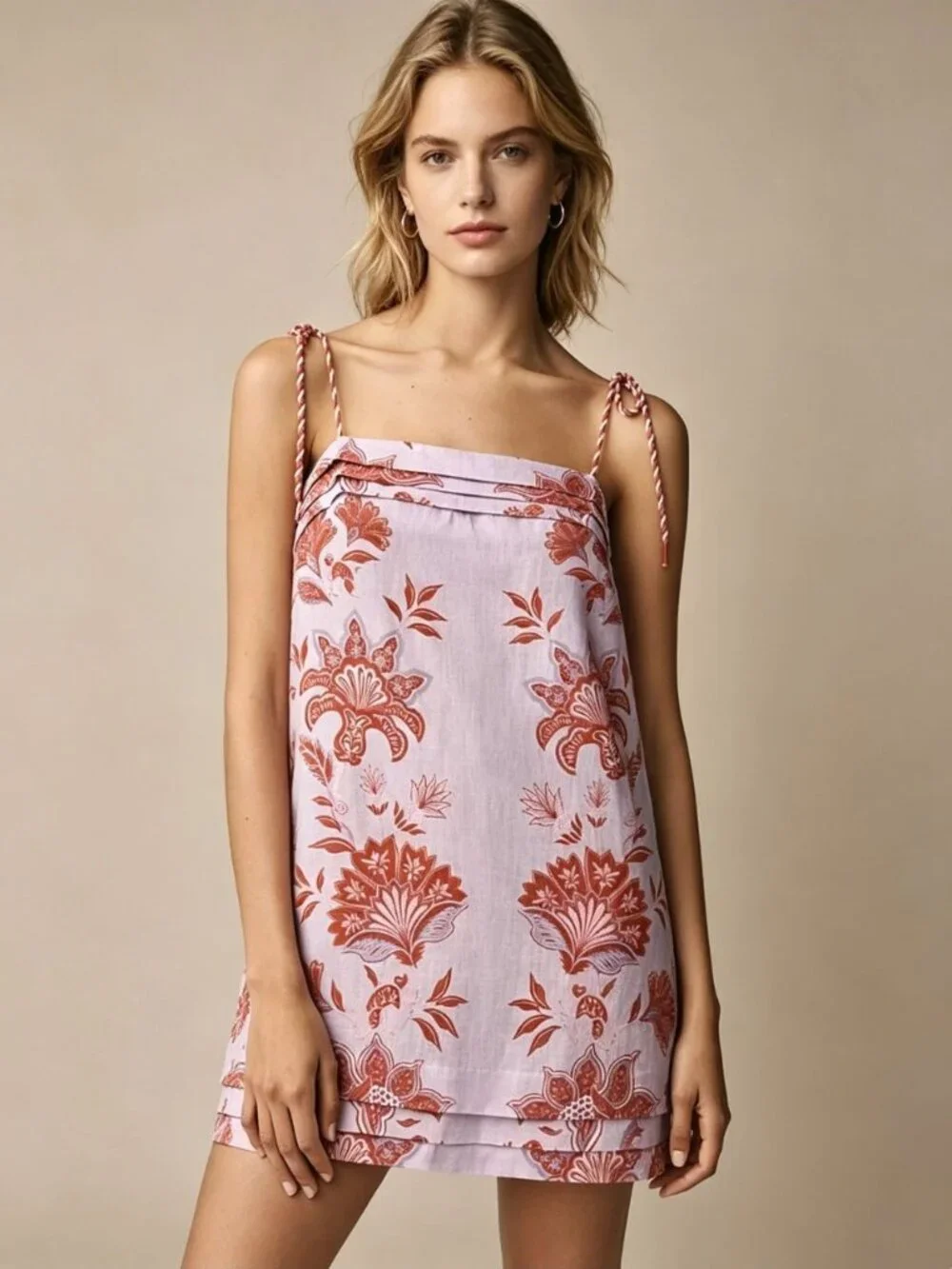 NWOT Linen Floral Tie Spaghetti Strap Pleated Layered Mini Dress Purple Size M